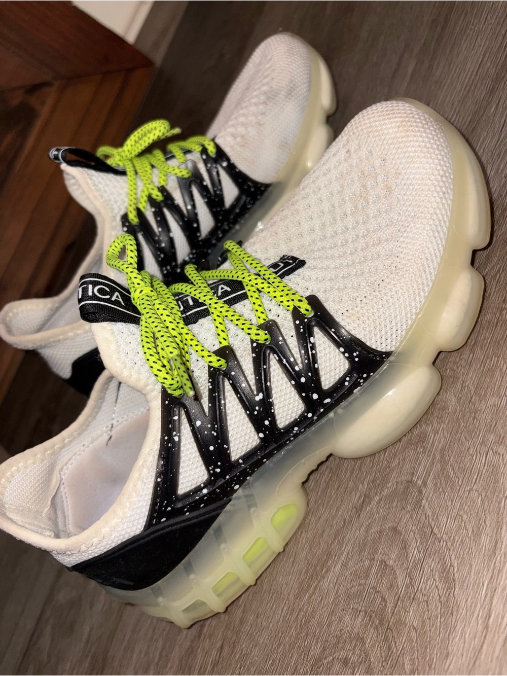 Nautica White Knit Sneakers with Neon Yellow Laces